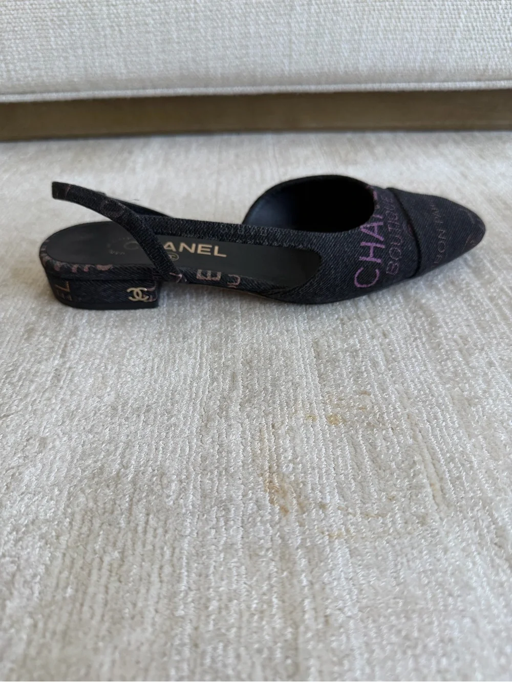CHANEL Denim Logo Slingback Flats